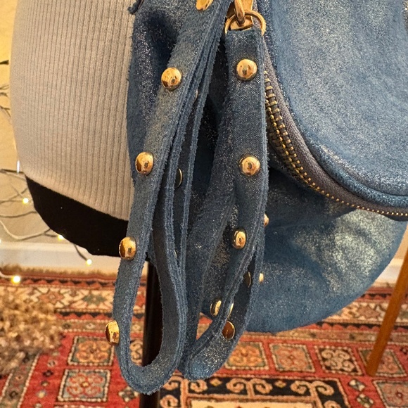 Metallic Blue Leather Crossbody Camera Bag — Canvas Luxe Strap — Voluminous — NW - Picture 5 of 6